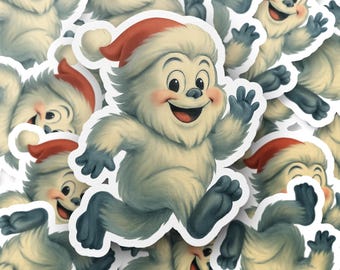 Christmas Yeti Sticker, Cute Yeti Running Waterproof Vinyl Decal, Happy Yeti Water Bottle Sticker, Winter Holiday Yeti Laptop Decal