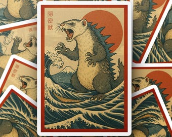 Ferretzilla Sticker, Godzilla Parody Decal, Japanese Art Sticker, The Great Wave off Kanagawa Vinyl Decal, Funny Ferret Decal, Kaiju Monster