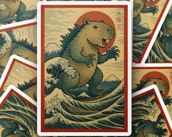 Capybara Godzilla Sticker, Kaiju Art Decal, Japanese Wave Gift, Funny Monster Vinyl Decal, Water Bottle Laptop Car Sticker