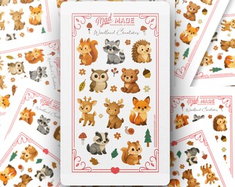 Woodland Creatures Sticker Sheet, Cute Animals Stickers, Forest Animal Sticker, Bear Owl Fox Squirrel Deer Raccoon Hedgehog Badger