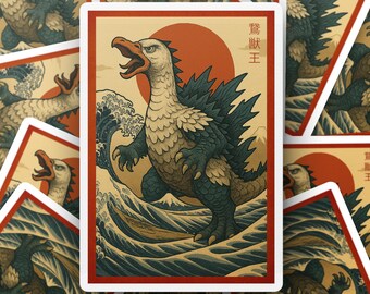 Japanese Godzilla Duck Sticker, Kaiju Sticker, Ukiyo e Art Decal, Great Wave Vinyl Sticker, Water Bottle Laptop Waterproof Decal Gift