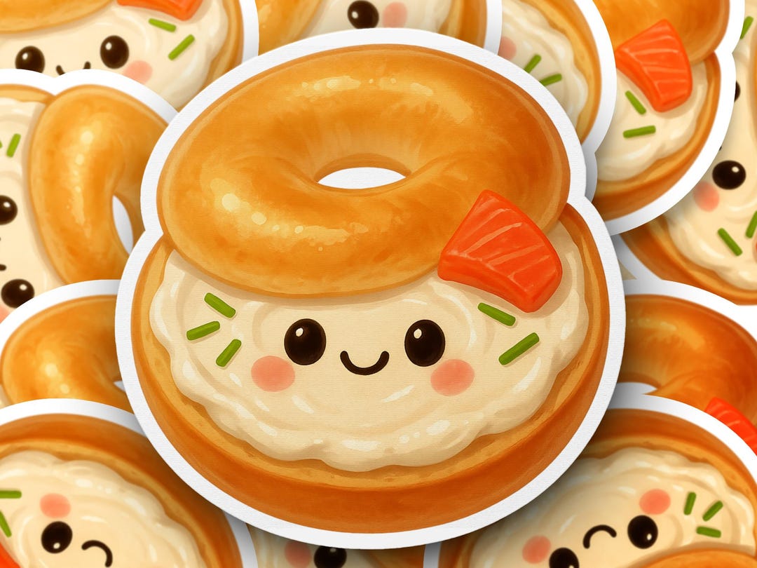Bagel Sticker Design Cute Kawaii Bagel Sticker, Happy Lox Cream Cheese Chives Decal, Foodie ...