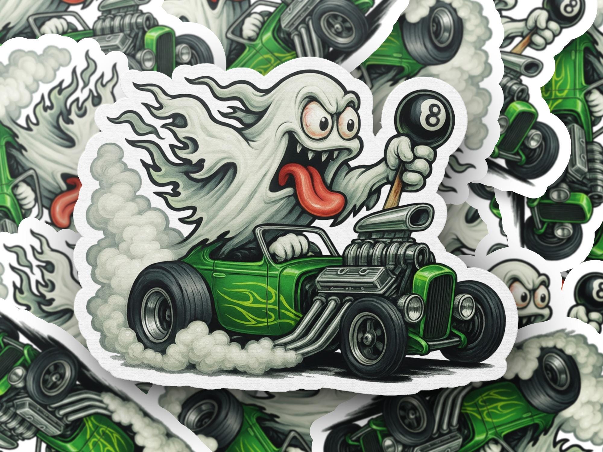 Scary Looking Racers Wacky Racer Ghost Hotrod Sticker, Spooky Halloween Car Decal, Boxcar ...