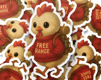Free Range Chicken Sticker, Cute Chicken in Sweater Decal, Backpacking Chicken Vinyl Decal, Travel Humor Decal, Funny Water Bottle Sticker