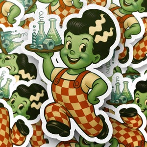 May include: A sticker featuring a cartoon character with green skin, black and white hair, and a red and tan checkered outfit. The character is holding a tray with lab equipment. The sticker has a white border.