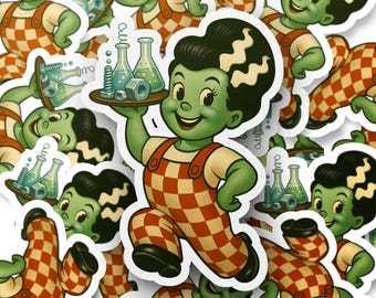 Monster Lab Sticker, Cute Green Monster Decal, Bride of Frankenstein Vinyl Sticker, Halloween Cartoon Decal, Burger boy parody