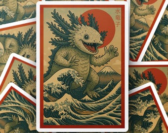 Funny Axolotl Sticker, Japanese Art Decal, Kaiju Monster Vinyl Sticker, Cute Axolotl Wave Sticker, Cryptid Laptop Sticker, Godzilla parody