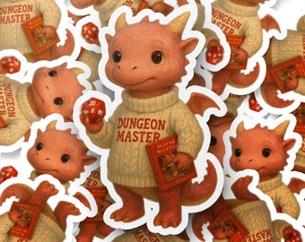 Dungeon Master Dragon Sticker, Cute Dice Dragon Decal, DND Player Manual Sticker, Role Playing Gamer Decal, Funny Dragon Laptop Sticker