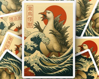 Goozilla Sticker, Angry Goose Kaiju Decal, Ukiyo e Art Vinyl Decal, Japanese Wave Art Sticker, Goose Lover Gift, Goose Bumps Sticker