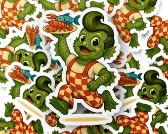 Creature From The Black Lagoon Sticker, Retro Diner Waiter Decal, Lobster and Fish, 50s Style Monster, Spooky Cute Water Bottle Sticker