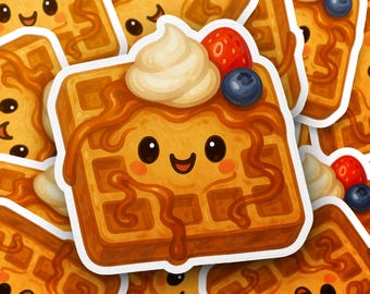 Cute Kawaii Waffle Sticker, Happy Breakfast Food Decal, Smiling Syrup Dessert Vinyl Sticker, Berry Whipped Cream Planner Sticker, Foodie