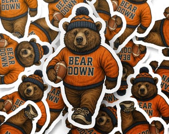 Bear Down Football Sticker, Brown Bear Mascot Decal, Sports Fan Gift, Football Season Stickers, Cute Bear in Beanie Laptop Decal
