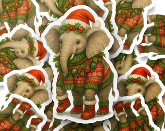 クリスマス エレファント ステッカー、ホリデー エレファント デカール、サンタ帽子ステッカー、かわいい動物ステッカー、オーナメント リース ステッカー、冬用スカーフ ビニール
