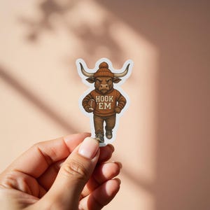 Texas Longhorn Mascot Sticker, Hook 'Em Horns, College Football, Die-Cut Vinyl, Durable Weatherproof, Fan Gear Decal
