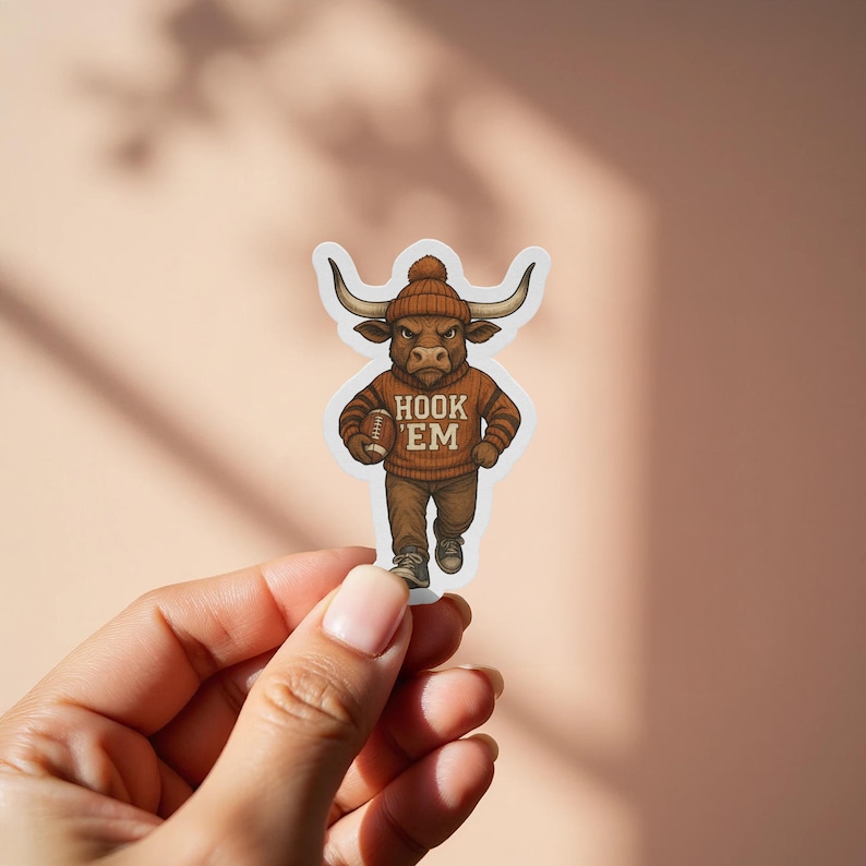 Texas Longhorn Mascot Sticker, Hook 'Em Horns, College Football, Die-Cut Vinyl, Durable Weatherproof, Fan Gear Decal