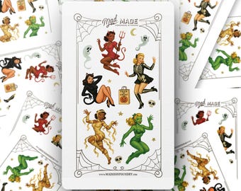 Retro Halloween Monster Girls Sticker Sheet, Pinup Devil Waterproof Decals, Mummy Girl Vinyl Sticker, Sexy Cat Girl Sticker, Monster Decals