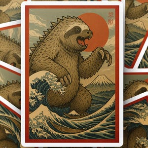 May include: A card featuring a sloth-like creature with sharp claws, depicted in a Japanese woodblock style. The sloth is positioned on a large wave, with a red sun in the background and a mountain in the distance. The card has a red border.