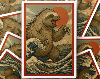 Kaiju Sloth Sticker, Japanese Art Decal, Godzilla Parody Laptop Sticker, Mount Fuji Vinyl Decal, Cute Funny Sloth Monster Waterproof Decal