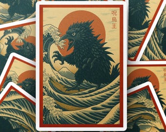 Japanese Raven Sticker, Ukiyo e Raven Art Decal, Mount Fuji Water Bottle Decal, Sunset Crow Laptop Sticker, Japanese Wave Waterproof Art