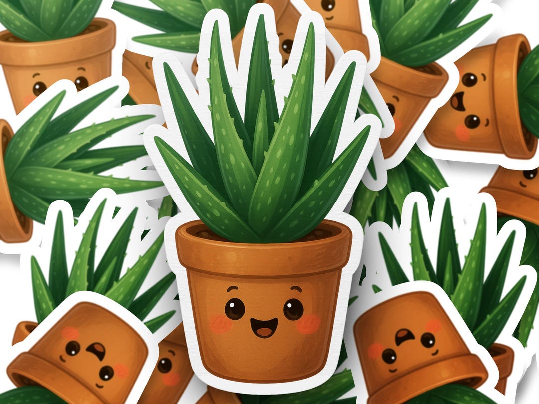 Cute Aloe Vera Plant Sticker, Kawaii Planter Sticker, Funny Smiling ...