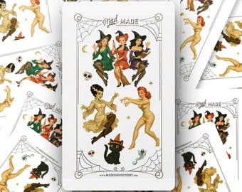 Retro Halloween Pinup Sticker Sheet, Three Witches Waterproof Decals, Sexy Bride Sticker, Red Head Mummy Girl Sticker, Cute Black Cat Decals