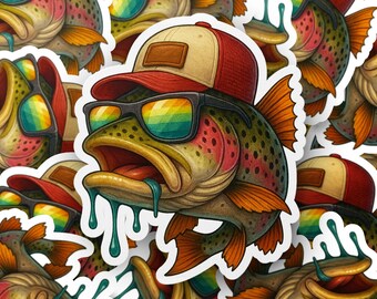 Cool Trout Sticker, Fish with trucker Cap and Shades, Funny Fish Decal, Fishing Lover Gift, Laptop Sticker, Water Bottle Die Cut Sticker