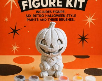 Halloween Jack-o-lantern Figure DIY Paint Kit, Retro Fun Fall Activity, Cute Weird Pumpkin Decor, Adult Deluxe Figurine Set, Paint Your Own