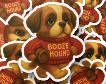 Funny Saint Bernard Dog Sticker, Booze Hound Puppy Decal, Cute Barrel Dog Decal, Drinking Alcohol Humor Gift, Puppy Laptop Sticker