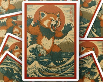 Red Panda Kaiju Sticker, Angry Panda Decal, Ukiyo e Style Art, Mount Fuji Illustration, Japanese Wave Art Sticker, Mythical Beast Decal