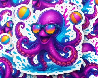May include: A vibrant sticker featuring a cartoon octopus wearing sunglasses and holding beach balls. The octopus is purple with pink tentacles, set against a background of blue water splashes and other octopus stickers.
