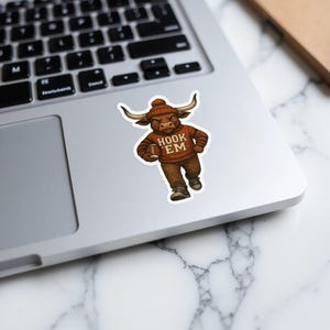 Hook 'Em Horns Mascot Sticker, Laptop Decal, Texas Sports Fan, Durable Vinyl, Waterproof, Peel and Stick, Gift Idea, Collectible