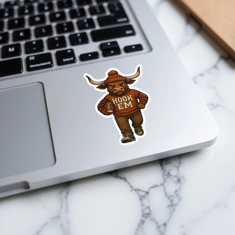 Hook 'Em Horns Mascot Sticker, Laptop Decal, Texas Sports Fan, Durable Vinyl, Waterproof, Peel and Stick, Gift Idea, Collectible