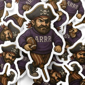 May include: A sticker featuring a cartoon pirate with a black eye patch, a skull and crossbones hat, and a purple sweater with "ARRR" on it. The pirate is holding a football and has a peg leg. The sticker is white with a purple border.