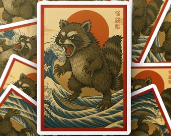 Angry Tanuki Sticker, Ukiyo e Style Raccoon Vinyl Decal, Japanese Wave Vinyl Decal, Yokai Art Laptop Sticker, Waterproof Car Sticker