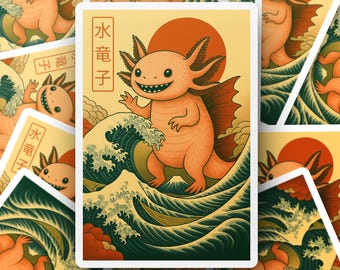 Cute Axolotl Sticker, Japanese Art Inspired Decal, Ukiyo-e Wave Vinyl Sticker, Kawaii Monster Laptop Sticker, Sea Dragon Car Waterproof
