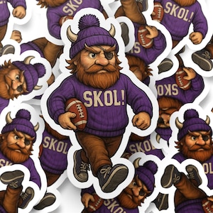 May include: A collection of stickers featuring a cartoon Viking character in a purple sweater with the word "SKOL!" and holding a football. The Viking has a beard, a horned hat, and an eye patch. The stickers are white-bordered.