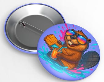 Cool Beaver Pin Back Button, Cartoon Animal Button, Funny Beaver Gift, Sunglasses Beaver Party Favor, Unique Beaver Badge, Beaver Lover Gift