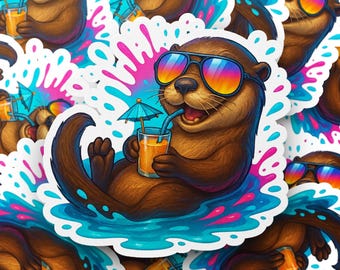 Cool Otter Sticker, Relaxing Otter Decal, Fun Animal Sticker, Waterproof Laptop Stickers, Cute Animal Stickers, Gift Ideas for Otter Lovers
