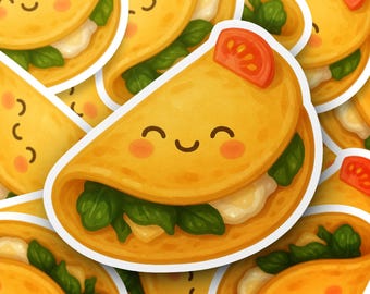 Süßer glücklicher Omelett Aufkleber, Kawaii Lebensmittel Aufkleber, lächelnder Frühstück Quesadilla, Spinat-Käse-Tomaten-Omelett, Foodie-Laptop-Flaschenaufkleber