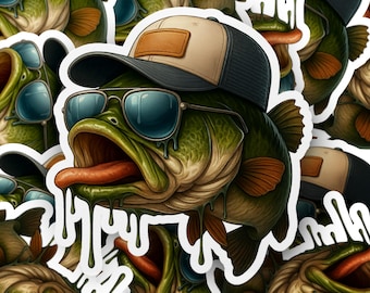 Cool Bass Fish Sticker, Funny Fishing Decal, Fisherman Gift, Bass with Trucker Cap Sticker, Angler Sticker, Vinyl Stickers for Tackle Box