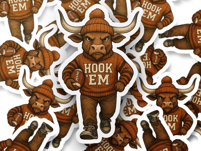 Hook 'Em Football Mascot Stickers, Sports Team Fan Decals, College Football Graphics, Water-Resistant Vinyl, Bulk Pack Options