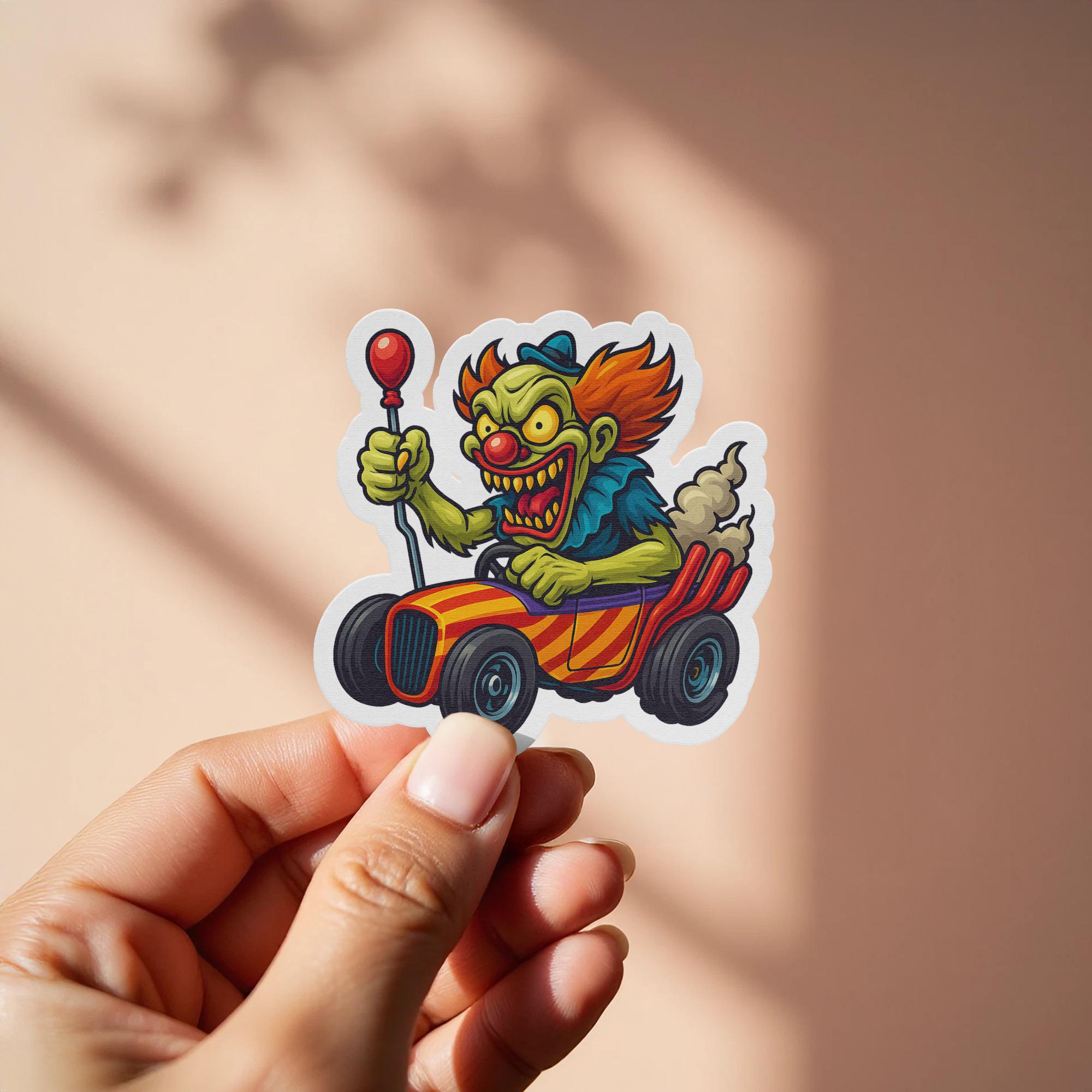 Scary Looking Racers Wacky Racer Killer Clown Sticker, Clown Derby Car, Villain Box Car ...