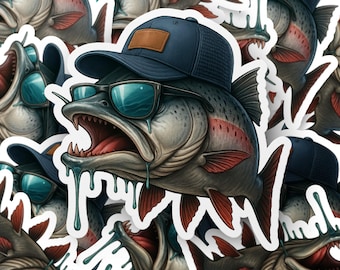 Cool Trout Fish Sticker, Trout with Trucker Hat and Shades, Funny Fish Decal, Angler Gift, Fishing Lover Gift, Water Bottle Sticker