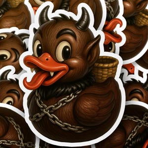 May include: Brown sticker featuring a Krampus-themed duck with horns, a red tongue, and a chain around its neck. The duck has a basket on its back. The sticker has a white border and is a cartoon illustration.