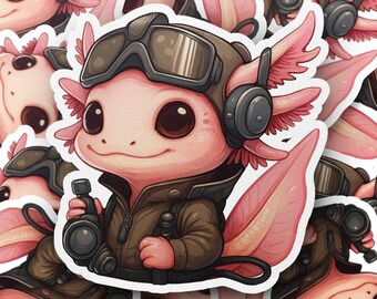 Pegatina de ajolote piloto, calcomanía artística de ajolote adorable, calcomanía de vinilo de anfibio de dibujos animados, calcomanía para laptop, calcomanía con ilustración de animal, regalo para calcetines navideños