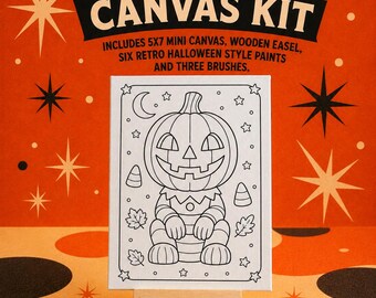Halloween Jack-o-lantern Canvas DIY Paint Kit, Retro Scary Fall Activity, Cute Weird Pumpkin Decor, Adult Deluxe Craft Set, Paint Your Own