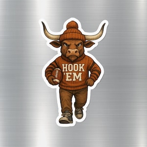 Hook 'Em Mascot Sticker, Texas Longhorn Bull Cartoon, College Team Support Decal, Fan Gift Idea, Durable Vinyl, Waterproof