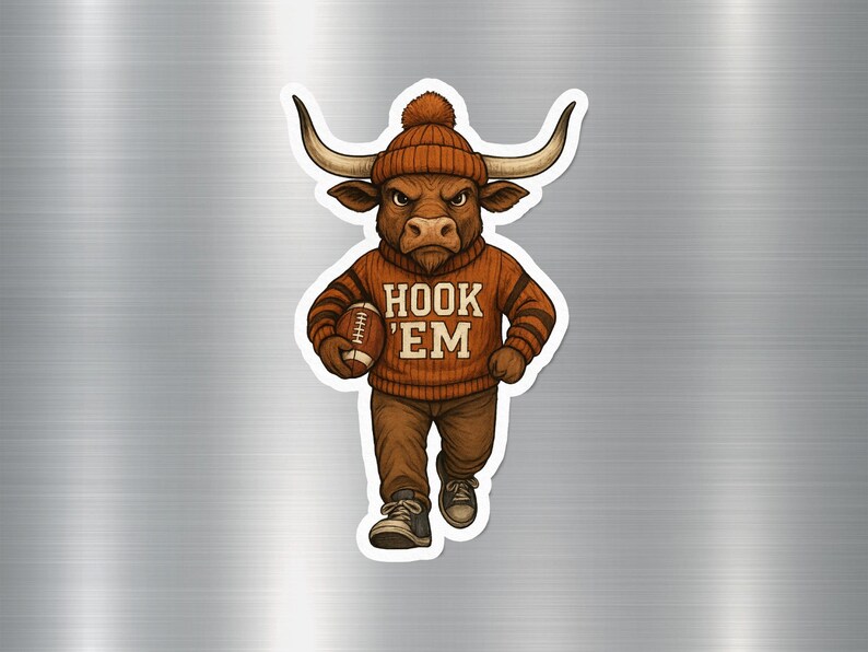 Hook 'Em Mascot Sticker, Texas Longhorn Bull Cartoon, College Team Support Decal, Fan Gift Idea, Durable Vinyl, Waterproof