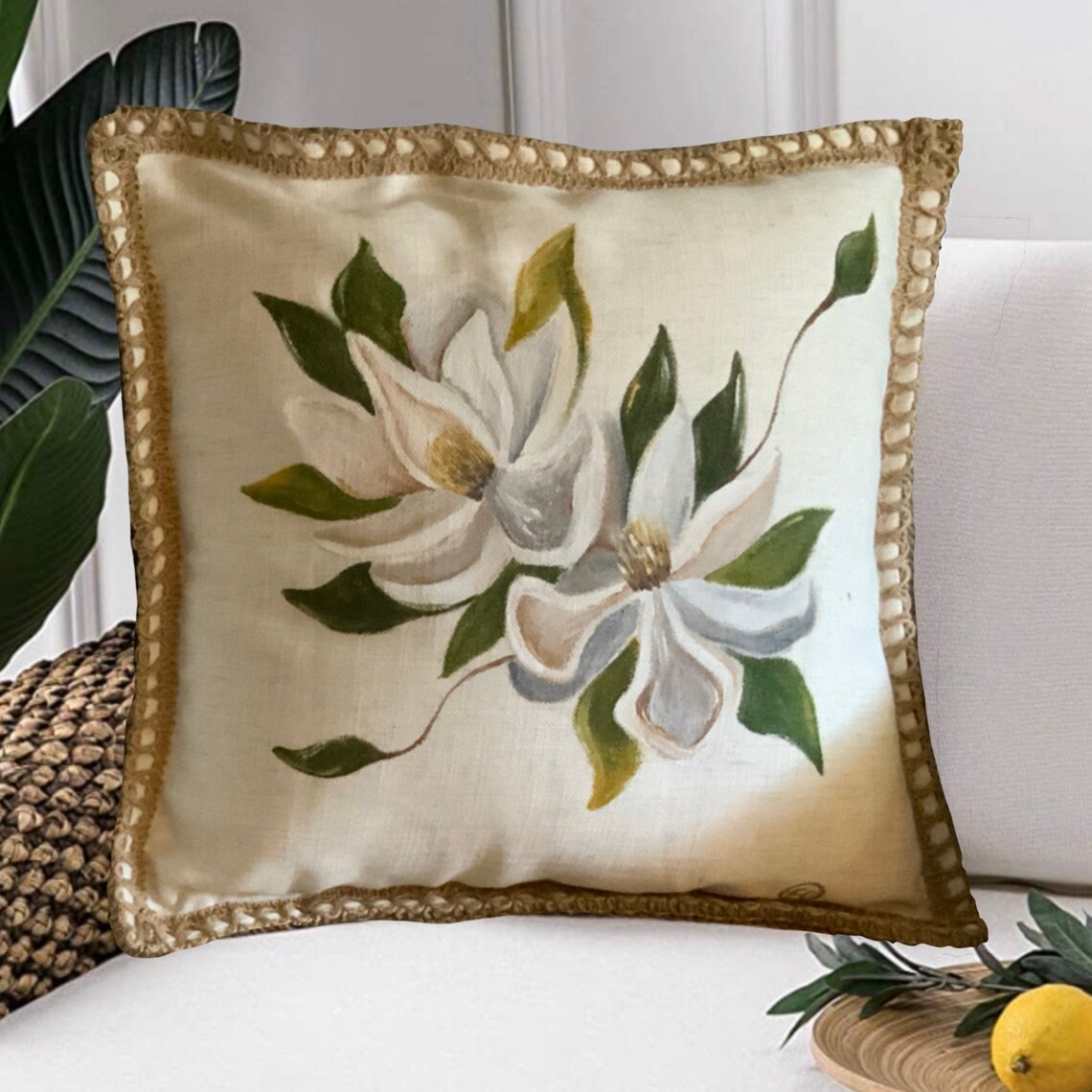 Magnolia Throw Pillow Handpainted Etsy