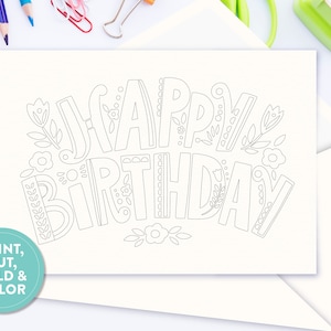 Gelukkige verjaardag kleurkaart thuis afdrukken voor kinderen en volwassenen | 5 "x 7" | Typografisch ontwerp | Bevat een sjabloon voor een A7-envelop